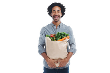 Grocery bag, happy and portrait of a black man after shopping isolated on a transparent png...