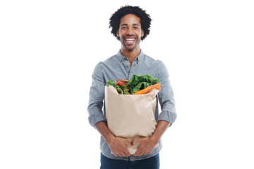 Grocery bag, happy and portrait of a black man after shopping isolated on a transparent png background. Smile, customer and a person with food from the supermarket for a healthy diet and hunger
