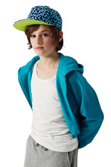 Portrait, boy child and fashion isolated on a transparent, png background for kids hoodie, trendy...