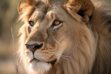 Portrait of a lion in African savanna, close up view. African wildlife animal. Generative AI big cat poster 