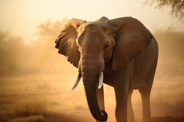 Naklejka na ściany i meble Elephant in african savanna. Kenya wildlife sunset generative AI poster