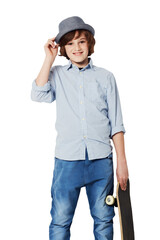 Portrait, kid and boy with a skateboard, smile and young human with casual outfit isolated against a transparent background. Face, male child and skater with style, happiness and confident person