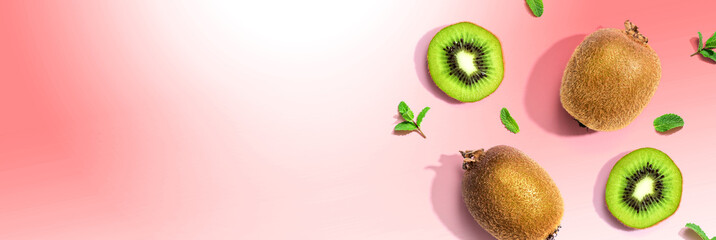 Fresh green kiwis overhead view - flat lay