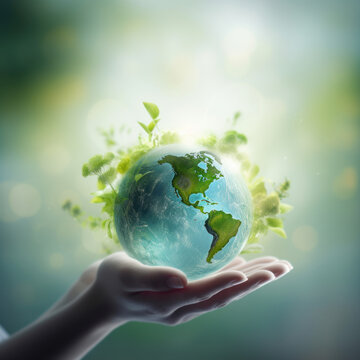 World earth day concept with glass globe and eco-friendly environment. Generative Ai.