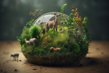 Abstract concept of the earth and animal  day  in forest with protected animals in glass globe. Generative AI.