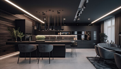 moder kitchen interior with table and cinematic lights by generative ai