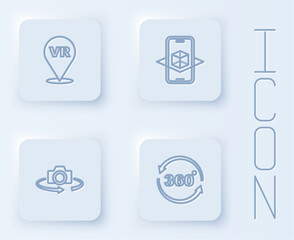 Set line Virtual reality, 3d modeling, 360 degree view and . White square button. Vector