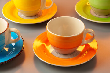 Colorful clay ceramic cups on gray background