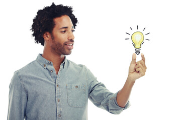 Man, light bulb and ideas with thinking, surprise or problem solving by png background for...
