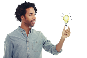 Man, light bulb and ideas with thinking, surprise or problem solving by png background for innovation. Isolated model, male and brainstorming for idea, inspiration or think of solution with 3d light