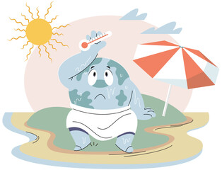 Poorly globe sits on dry ground under hot sun with thermometer. Cartoon earth global warming concept. Planet is overheating, Environmental problem due to climate change. Natural disasters cataclysms