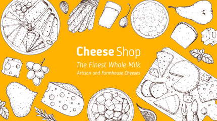 Cheese sketch, hand drawn illustration, top view frame. Food design template. Package pattern. Vector illustration with collection of cheese. Engraved style image. Dairy farm products cheese.
