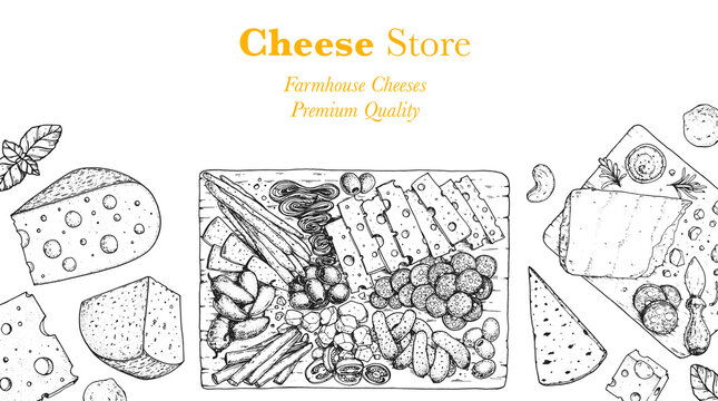 Cheese sketch, hand drawn illustration, top view frame. Food design template. Package pattern. Vector illustration with collection of cheese. Engraved style image. Dairy farm products cheese.