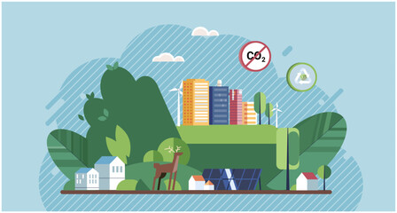 World Environment Day, bio technology. Sustainable green city with alternative and ecological power usage. Modern future environment without global warming, CO2 pollution and clean climate awareness