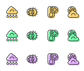 Set line Thermometer, Cloud with rain, Eclipse of the sun and moon icon. Vector