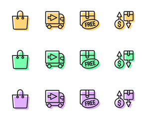 Set line Cardboard box with free symbol, Paper shopping bag, Delivery cargo truck and Tax cardboard icon. Vector