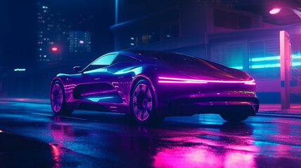 Obraz na płótnie Canvas Generative AIModern car driving in the night at city road, futuristic synth. Generative AI.