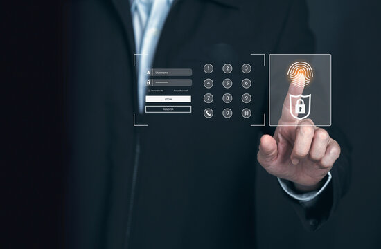 Personal touching virtual screen to scan fingerprint digital, change management concept ,internet of things, big data and business process, automation, storage systems,Cloud Computing.