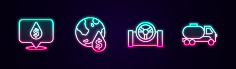 Set line Oil drop with dollar symbol, pipe valve and Tanker truck. Glowing neon icon. Vector