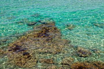 Fondo marino con rocas a través de un agua transparente. Fondo de arena blanca y rocas a través de los rizos de la brisa marina en superficie en Otranto, Italia.