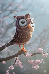 illustration of a cute sparrow bird in the spring landscape in the background, during the sakura blossom, generative ai	