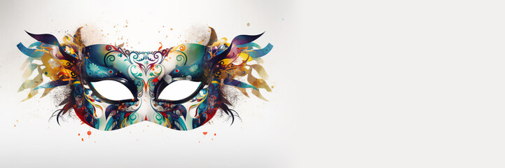 Venetian mask carnival colorful watercolor painting art masquerade theater mardi gras banner with copy space on white illustration. Generative AI