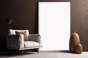 Elegant living room, couch and vertical frame mockup. Generative AI 3D render home interior design