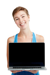 Laptop screen, portrait and woman isolated transparent, png background with happy website, online advertising or space. Face of young person or model on computer, product placement or software mockup