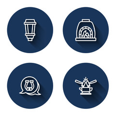 Set line Garden light lamp, Blacksmith oven, Horseshoe and Anvil and hammer with long shadow. Blue circle button. Vector