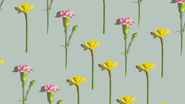 A floral pattern moves on a green-gray background. Floral animated background, creative pictures. High quality footage