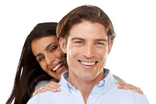Happy, love and portrait of couple hug with smile on isolated, png and transparent background. Relationship, dating and face of man and woman hugging, embrace and together for valentines day romance