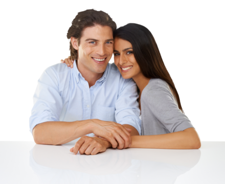 Happy, love and portrait of couple with smile sitting at table in isolated, png and transparent background. Relationship, marriage and face of man and woman hug and bonding for valentines day romance