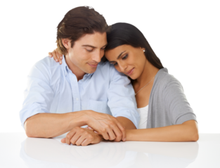 Holding hands, love and couple hug with smile on isolated, png and transparent background. Relationship, marriage and man and woman hugging, embrace and sitting together for trust, care and support