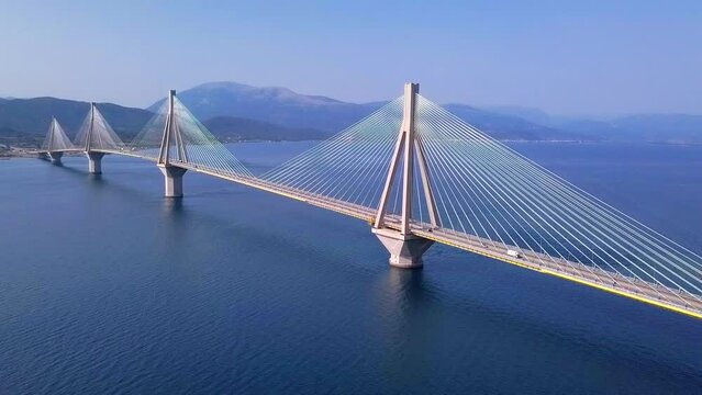 Patra bridge at summertime drone view