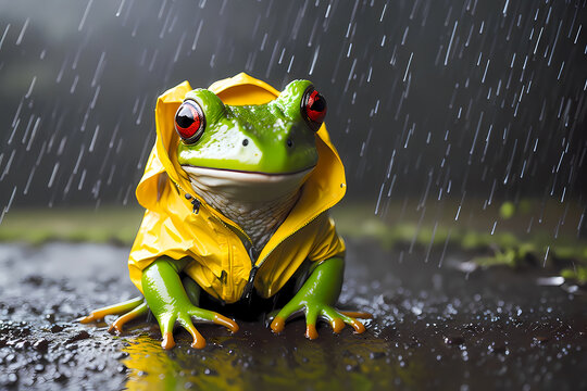 雨の中、黄色いかっぱを着てこっち見つめるアマガエル A tree frog stares at camera in yellow raincoat in the rain. generative AI