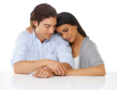 Holding hands, love and couple hug with smile on isolated, png and transparent background. Relationship, marriage and man and woman hugging, embrace and sitting together for trust, care and support