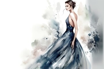 Watercolor illustration of woman wearing night elegant blue dress over white background with copy space. Generative AI