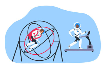 man and woman astronauts training running treadmill and vestibular aparatus testing vector illustration