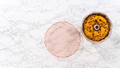 Chocolate pumpkin bundt cake with toffee glaze