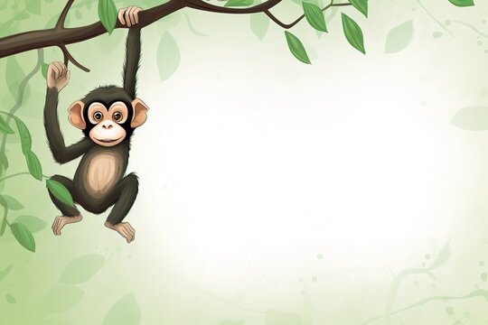 Cartoon digital illustration of playful monkey hanging on a tree branch. Green background with copy space. Generative AI