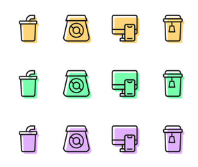 Set line Online ordering food, Paper glass with water, and Cup of tea icon. Vector
