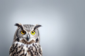 Cute head shot of owl looking curiously at the camera over grey background with copy space. Generative AI