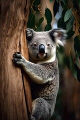 Adorable koala in eucalyptus tree looking curiously at camera. Generative AI vertical shot