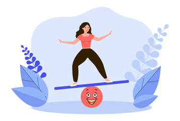 Young woman balancing on plank vector illustration. Team leader controlling emotions and finding balance. Managing emotions, emotional intelligence, leadership, success concept