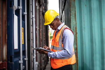 African American Foreman control or check inventory details of containers box, worker checking quantity of product in containers.