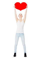 Woman, studio and holding cardboard heart with happiness for valentines day celebration. Model, excited and smile with poster for romance, love and dating isolated on a transparent png background