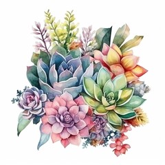 Watercolor Beautiful succulent, leaves and colorful flowers bouquet isolated on white background, Generative AI