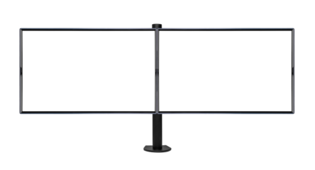 A pair of monitors on a desktop metal mount on a white