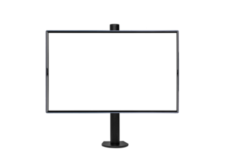 A pair of monitors on a desktop metal mount on a white