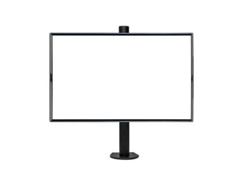 A pair of monitors on a desktop metal mount on a white